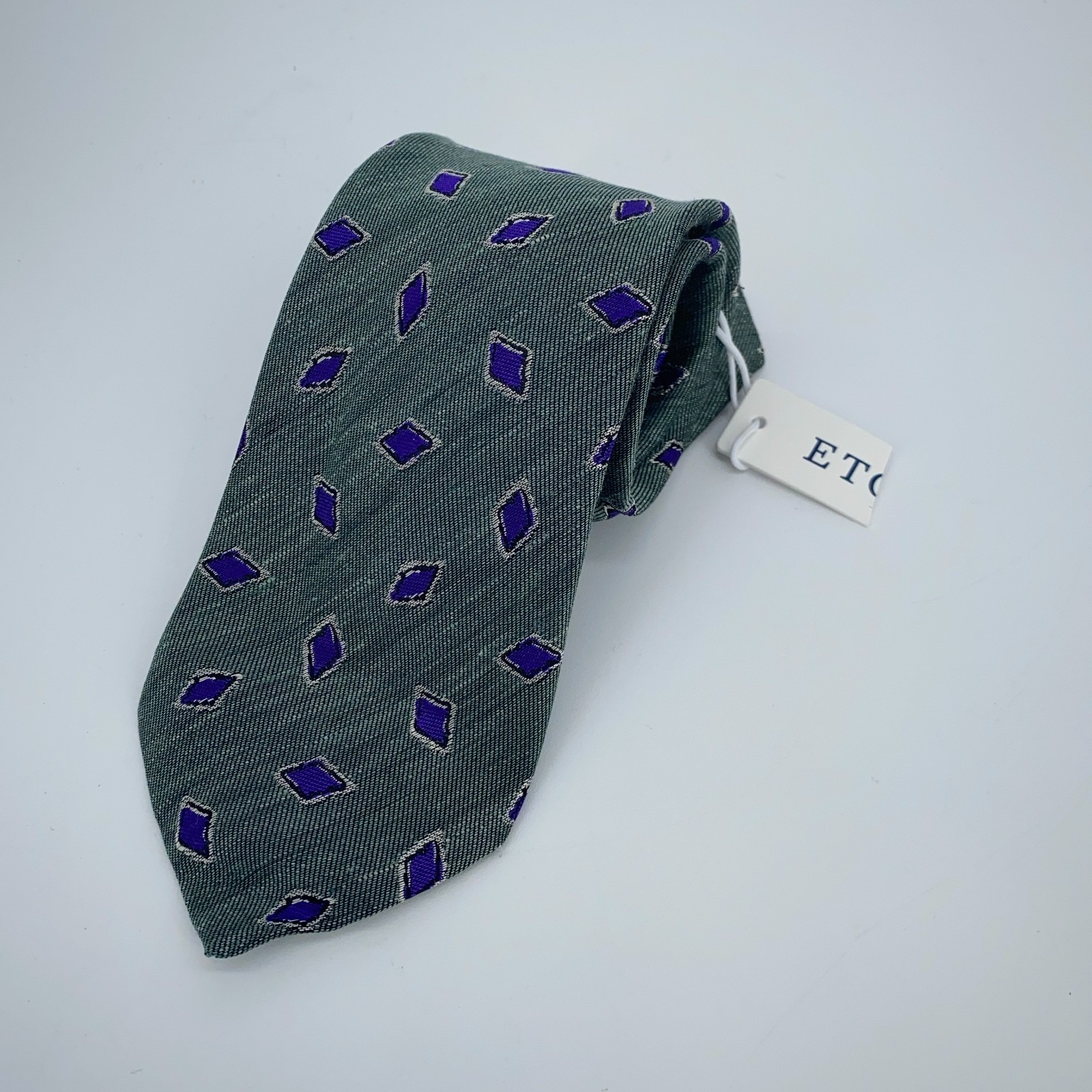 Eton Tie Mens One Size Green Blue Diamond Silk Classic Fit Necktie Italy Made